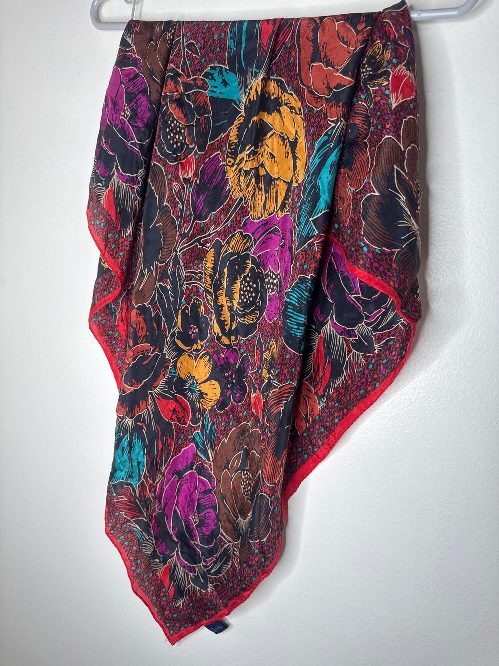 VTG Honey 100% Silk Scarf 30x30 Bold Jewel Tone Floral Rose Print Large Square